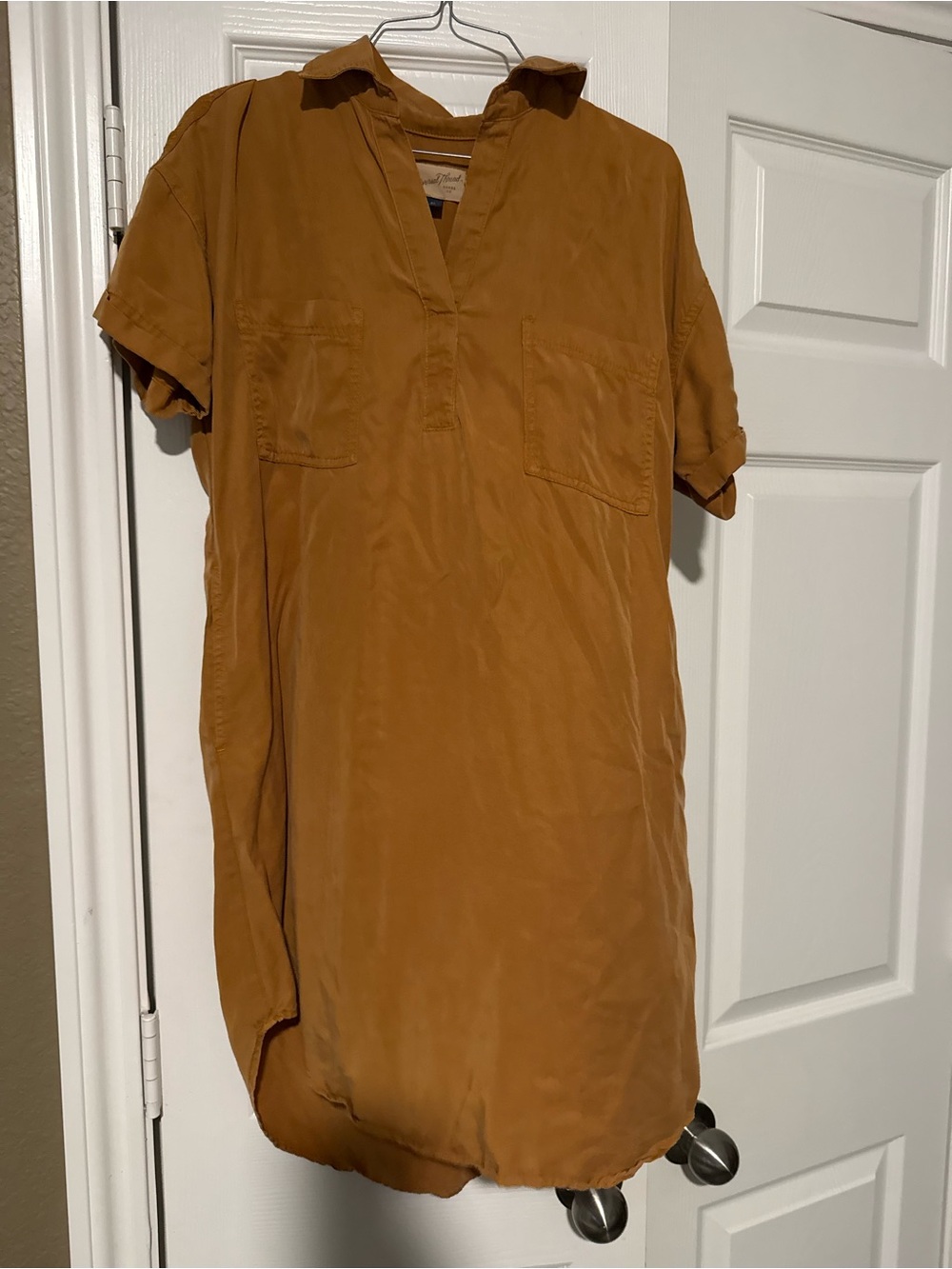 Short Sleeve Tunic Shirt Dress - Mustard Brown